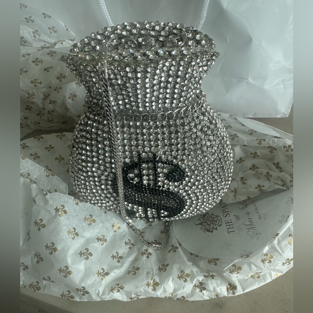 Crystal Rhinestone Dollar Sign Drawstring Clutch - Silver